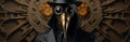 Plague doctor, halloween costume with big raven cranberry and top hat. Banner with place for text.