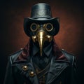 Plague doctor, halloween costume with big raven cranberry and top hat. Banner with place for text.