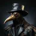 Plague doctor, halloween costume with big raven cranberry and top hat. Banner with place for text.