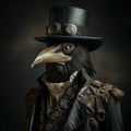 Plague doctor, halloween costume with big raven cranberry and top hat. Banner with place for text.