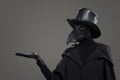 The plague doctor points to gray background