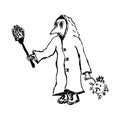 Plague doctor with a torch and a dead coronavirus in hand. Doodle, sketch, scribble. Vector illustration. Royalty Free Stock Photo