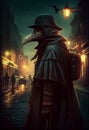 The plague doctor walks through the night streets of the city. AI Generated