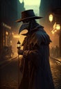 The plague doctor walks through the night streets of the city. AI Generated