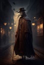 The plague doctor walks through the night streets of the city. AI Generated