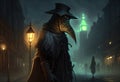 The plague doctor walks through the night streets of the city. AI Generated