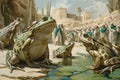 Plague of frogs in Egypt, Bible story. Generative AI