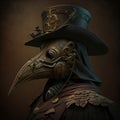 Plague mask, hat and costume of medieval doctor.