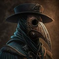 Plague mask, hat and costume of medieval doctor.