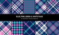 Plaid design set in bright blue, pink, green, white. Seamless tartan check backgrounds for flannel shirt, skirt, scarf, duvet. Royalty Free Stock Photo