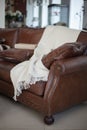 Plaid on leather sofa