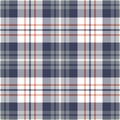 Plaid pattern in blue, grey, orange, white. Seamless herringbone tartan check texture background for menswear flannel shirt.