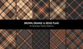 Plaid pattern collection in brown, orange, beige. Seamless dark herringbone tartan check vector graphics for autumn winter flannel Royalty Free Stock Photo