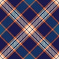 Plaid pattern colorful texture in navy blue, orange, beige. Multicolored bright seamless tartan check vector graphic for flannel. Royalty Free Stock Photo