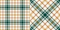 Plaid pattern in dark green, brown, gold mustard, beige. Seamless small tartan check vector for flannel shirt, dress.