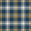 Plaid pattern everyday fashion in blue, gold, off white. Seamless herringbone textured background graphic art for flannel shirt. Royalty Free Stock Photo