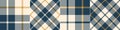 Plaid pattern with herringbone texture in blue, gold, off white. Seamless large Scottish tartan check set for blanket, duvet cover Royalty Free Stock Photo