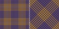 Plaid pattern houndstooth check in purple and gold. Seamless dark dog tooth graphic vector background for dress, scarf, jacket.