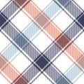 Plaid pattern in navy blue, orange, white. Seamless asymmetric diagonal buffalo check tartan design for flannel shirt, blanket. Royalty Free Stock Photo