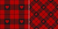 Plaid pattern in red and black with hearts for Valentines Day. Seamless tartan check background for flannel shirt, scarf, blanket. Royalty Free Stock Photo