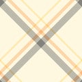 Plaid pattern seamless in soft grey, orange, yellow, beige. Asymmetric herringbone light tartan check for womenswear scarf, skirt. Royalty Free Stock Photo