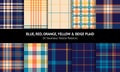 Plaid pattern set in blue, red, orange, yellow, beige. Colorful bright tartan check graphics for flannel shirt, skirt, dress.