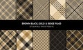 Plaid pattern set in brown black, gold, beige. Seamless textured autumn winter tartan check plaids for flannel shirt, skirt, scarf