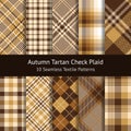 Plaid pattern set. Gingham, argyle, tartan, and tweed check plaid in brown and gold.