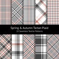 Plaid pattern set. Grey, coral, white seamless check plaid. Hounds tooth, tweed, glen, herringbone tartan, buffalo check patterns.