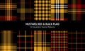 Plaid pattern set in mustard yellow, red, black. Seamless dark bright textured tartan checks for autumn winter flannel shirt.