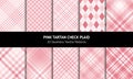 Plaid pattern set for spring summer in pink and white. Seamless gingham, tweed, houndstooth graphics in coral pink and white.