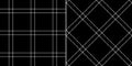 Plaid pattern with thin double line in black and white for minimal dress, jacket, scarf, trousers, skirt. Seamless classic plaid.
