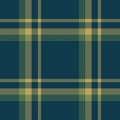 Plaid pattern vector in blue, green, gold. Seamless herringbone textured tartan check dark background graphic for flannel shirt. Royalty Free Stock Photo