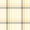 Plaid pattern vector in soft grey, orange, yellow, beige. Asymmetric herringbone light tartan check for womenswear scarf, skirt. Royalty Free Stock Photo