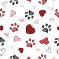 Plaid pink red hearts and doodle cute paw prints. Seamless fabric pattern Royalty Free Stock Photo