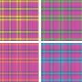 Collection set of 4 plaid tartan checkered seamless pattern in yellow, green, orange and blue over pink background.
