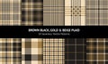 Plaid set in brown black, gold, beige. Seamless textured autumn winter tartan check patterns for flannel shirt, skirt, scarf.