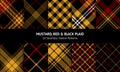 Plaid set in mustard yellow, red, black. Seamless dark bright textured tartan check patterns for autumn winter flannel shirt.