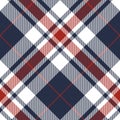 Tartan Scotland pattern plaid in blue, red, white. Seamless diagonal check plaid for flannel shirt, blanket, throw, poncho.