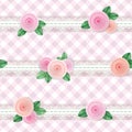 Plaid textile seamless pattern background, decorated with lace and roses. Girly. Vector