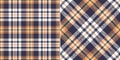 Plaid vector pattern set in brown, orange, yellow, white. Dark autumn winter herringbone tartan graphic for flannel shirt, skirt.