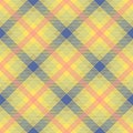 Yellow, blue and pink argyle tartan plaid. Scottish pattern fabric swatch close-up. Royalty Free Stock Photo