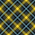 Yellow, black and blue argyle tartan plaid. Scottish pattern fabric swatch close-up. Royalty Free Stock Photo