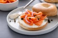 Plain bagel with salmon and cream cheese with fresh dill and capers Royalty Free Stock Photo