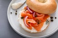 Plain bagel with salmon and cream cheese with fresh dill and capers Royalty Free Stock Photo