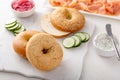 Plain bagels served with smoked salmon, fresh cucumber, red onion and cream cheese Royalty Free Stock Photo