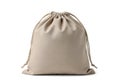 A plain beige drawstring fabric storage bag placed on a white background Royalty Free Stock Photo