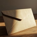 A plain beige envelope rests on a wooden surface, partially lit by soft light. The envelo Royalty Free Stock Photo