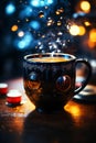 A plain black coffee cup and rising bubles to air with reflectin lights