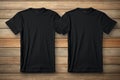 Plain blank black t-shirt mockup for front and back view on wooden background